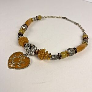 Handmade Beaded Necklace Heart Pendant Silver Tone Filigree Beads Boho Jewelry